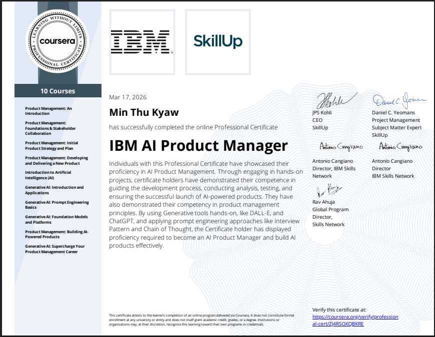 IBM AI Product Manager Professional Certificate certificate